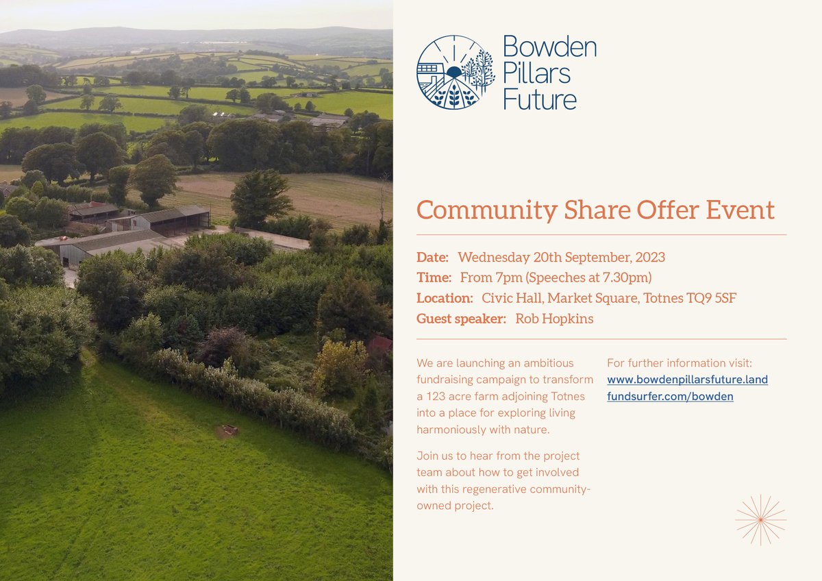 Exciting announcement! Join us for the launch of our Community Share Offer with guest speakers Rob Hopkins &amp; Bob Mehew from The Apricot Centre. Learn how you can play a role in creating a more sustainable future.

🗓️ Date: Tonight!
🕰️ Time: 7-9p
📍 Location: Civic Hall, Totnes