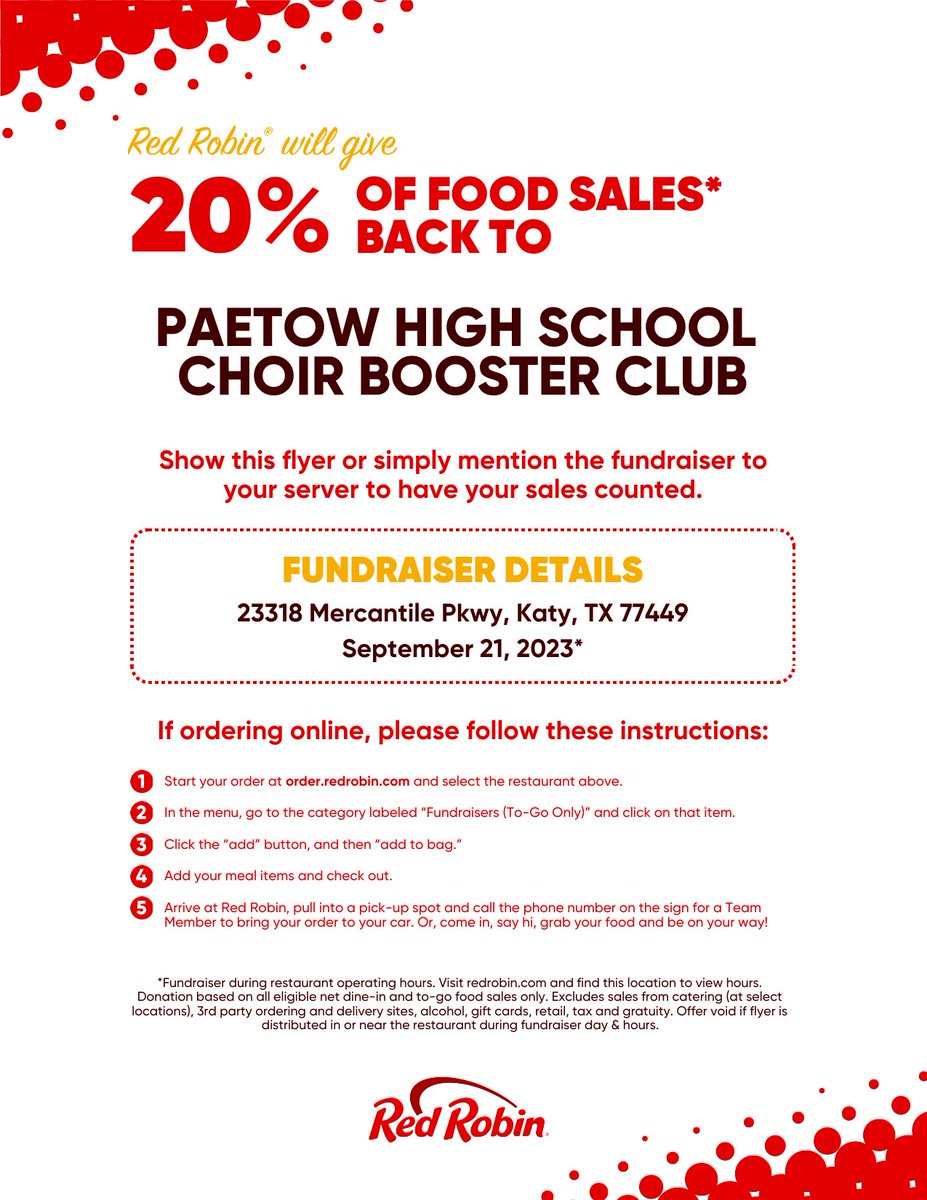For my Katy peeps! Go get dinner Thursday night and mention Paetow’s choir