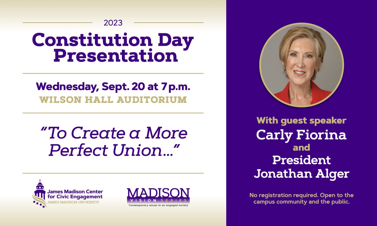 Join us today for a Madison Vision Series Constitution Day presentation featuring Carly Fiorina and President Jonathan Alger.

bit.ly/JMUMVSConstitu…