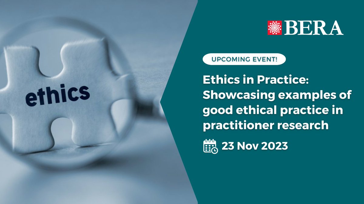 BERANews's tweet photo. 📢 Upcoming online event

Ethics in Practice: Showcasing examples of good ethical practice in practitioner research

🗓️ 23 Nov 2023 

@research_sig @BERAHighEd @MawsonKate @EmmaEmmatay @JoyceIHuiChen1 

Register here: https://t.co/FkYr3qvBRb https://t.co/VQbW850DIw