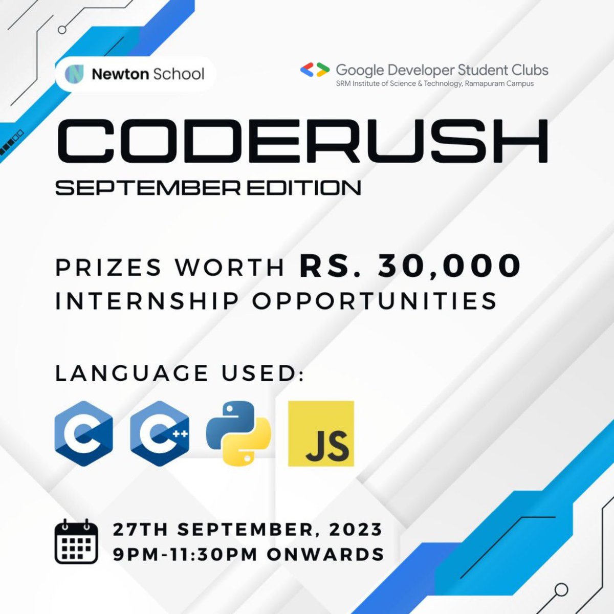 dscsrmrmp's tweet image. Rev up your coding skills at Time to Code-Rush️ - September Edition on Sept 27, 9-11:30 PM! 🚀 Register at bit.ly/CR-SRMR for a chance to win ₹30,000, top company placements, and ICPC-inspired challenges. Open to 1st-4th year students. Don&apos;t miss out! 🏁 #CodeRush