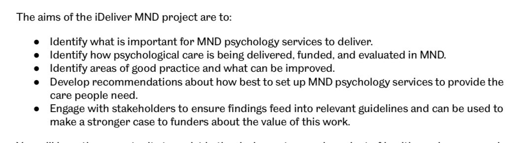 iDeliver MND. A two year research project to improve psychological care in MND. Funded by the @mndassoc. Please see link below for more info, click on the second photo to see our aims, and stay tuned for updates and opportunities to get involved! mndassociation.org/research/our-r…