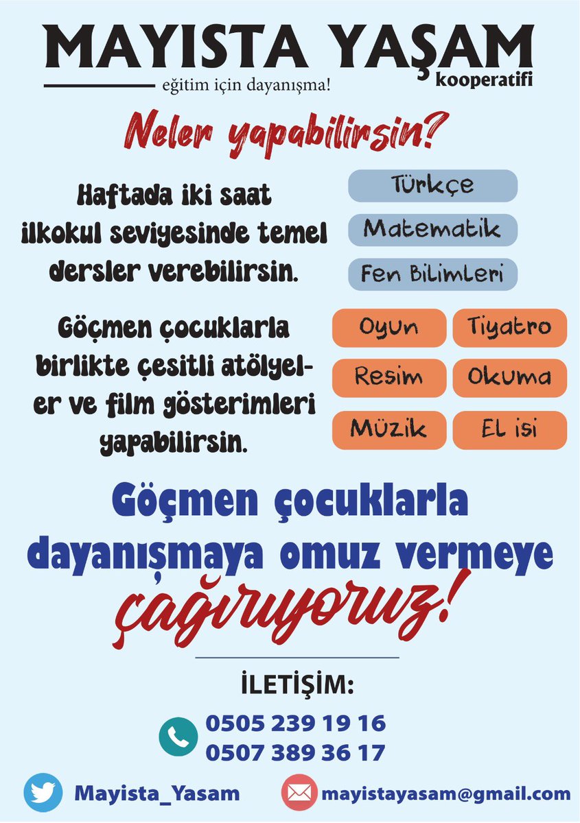 Göçmen çocuklarla dayanışmaya omuz vermeye çağırıyoruz! 

Başta ilkokul seviyesinde temel dersler vermek ve çeşitli atölyeler (resim, müzik, tiyatro, okuma vb.) düzenlemek isteyen kişilere ve demokratik kitle örgütlerine sesleniyoruz. 

İletişim ve bilgi almak için:
