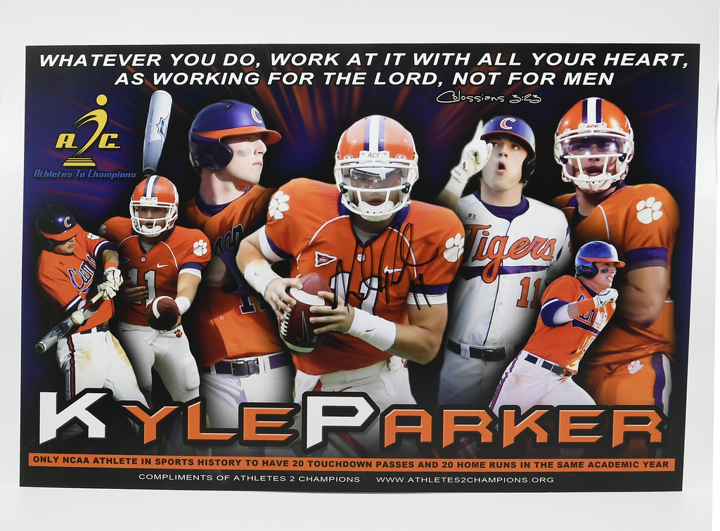 ClemsonNIL's tweet photo. Congrats to Kyle Parker who goes into the Hall of Fame this weekend.  We have some signed posters from his family's charity that celebrated his 20 home run 20 touchdown year.  Get yours today.  Very limited quantity. https://t.co/61mX8vnBnG https://t.co/wgn4D7vJ9W