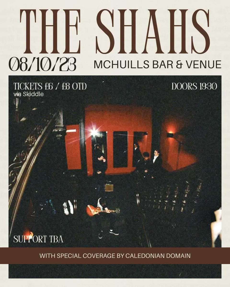 We're headlining McChuills, Glasgow on 08/10/23! 

Supports are yet TBA, and we'll have special coverage by the legendary Caledonian Domain on the night!

Tix available at bio. Hope to see you all there x