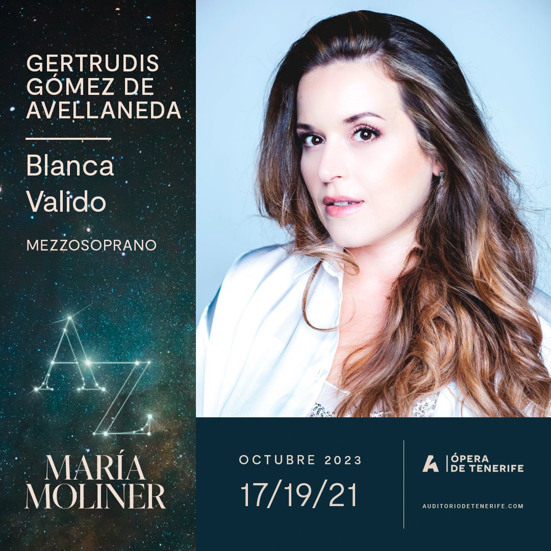 Blanca Valido (@blancavalido_mezzo) es la dramaturga Gertrudis Gómez de Avellaneda en #MaríaMolinerADT. 📚

🗓️ 17, 19 y 21 de octubre.
📍 Sala Sinfónica.
🎟️ ¡Compra ya tus entradas! auditoriodetenerife.com/es/maria-molin…

#ÓperadeTenerife #UniversoÓperaADT