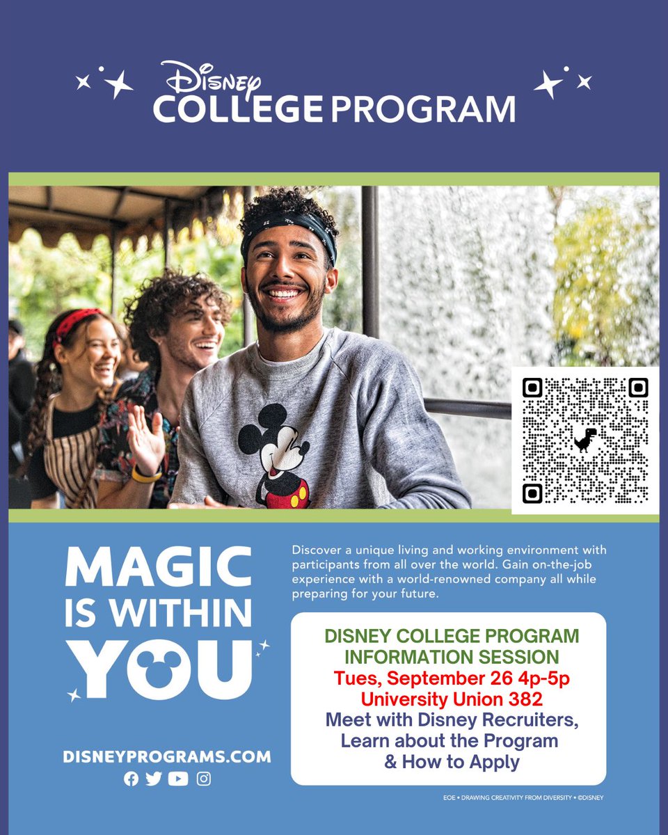 Meet with Disney College Program recruiters and learn more about their opportunities!

Tabling in the University Union (12:00 PM - 1:30 PM)
unt.joinhandshake.com/events/1375895/

Disney College Program Information Session (4:00 PM - 5:00 PM)
unt.joinhandshake.com/events/1351848/

@untcmht