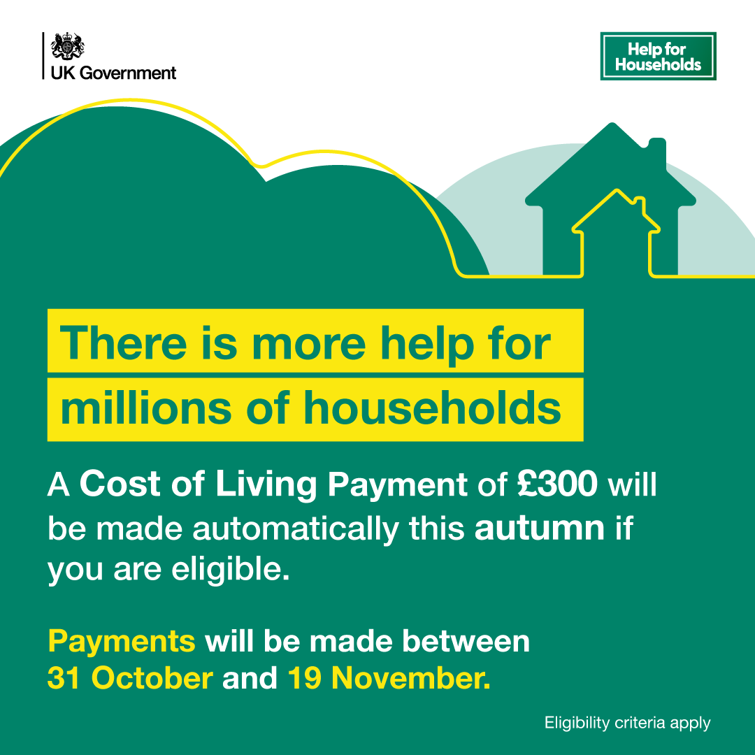 Eligible people will soon start receiving the second #CostOfLivingPayment for 2023/24, worth £300

This will be

- Paid automatically
- Sent between 31 Oct and 19 Nov

For more information, visit gov.uk/government/new…

#HelpForHouseholds