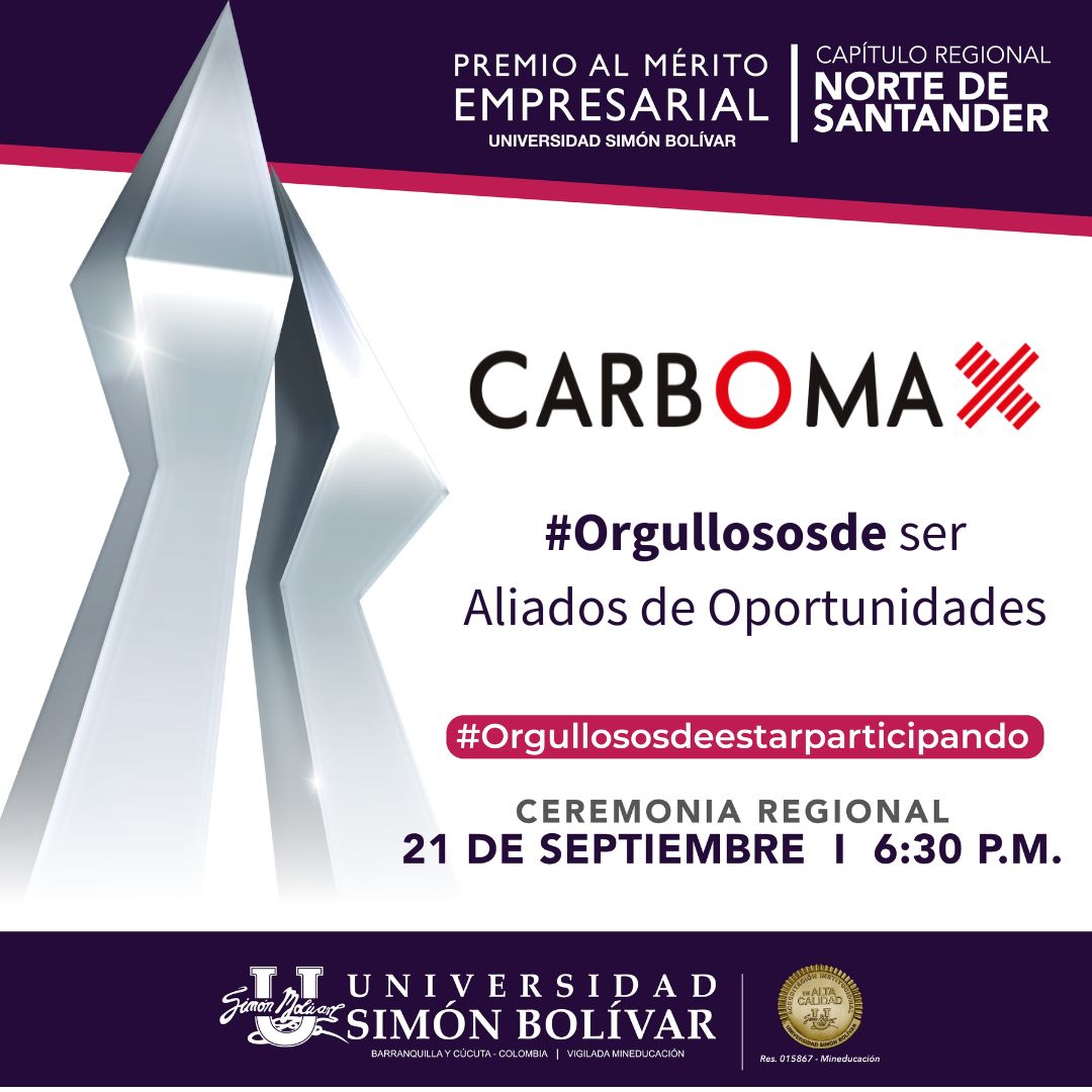 CarbomaxCol's tweet photo. Nos sentimos orgullosos de estar una vez más nominados 🥇 en los @premiomesb de la @unisimoncucuta  donde seguimos demostrando que somos Aliados de Oportunidades, trabajando en pro del progreso y desarrollo del departamento y del país. 🇨🇴 #orgullososdeestarparticipando #Carbomax https://t.co/YeUwi47cz9