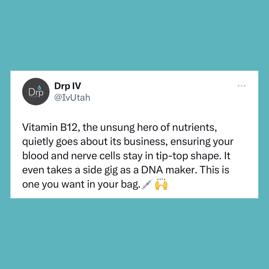 IvUtah's tweet image. B12, a simple vitamin carrying incredible power! 💪 This superstar vitamin not only supports energy levels and brain function, but it also plays essential roles in red blood cell formation and cell metabolism. And the best part? You can get it directly delivered into your bloodst