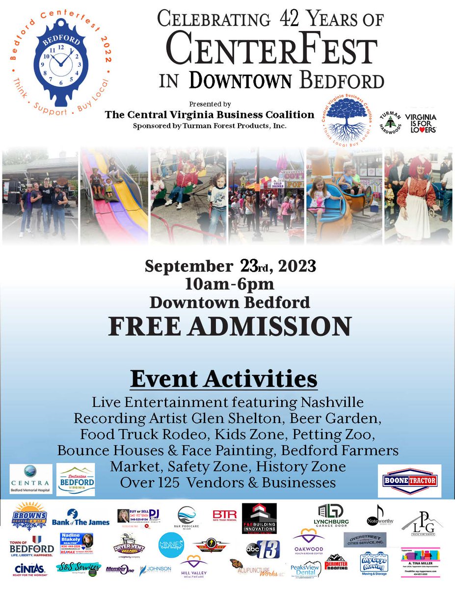 Come to downtown Bedford this Saturday, Sept 23 for Centerfest (10 a.m. - 6 p.m.) featuring live music by local country music artist Glen Shelton (4 p.m.) -  wset.com/lifestyle/livi… #DestinationBedfordVA #VAmountains