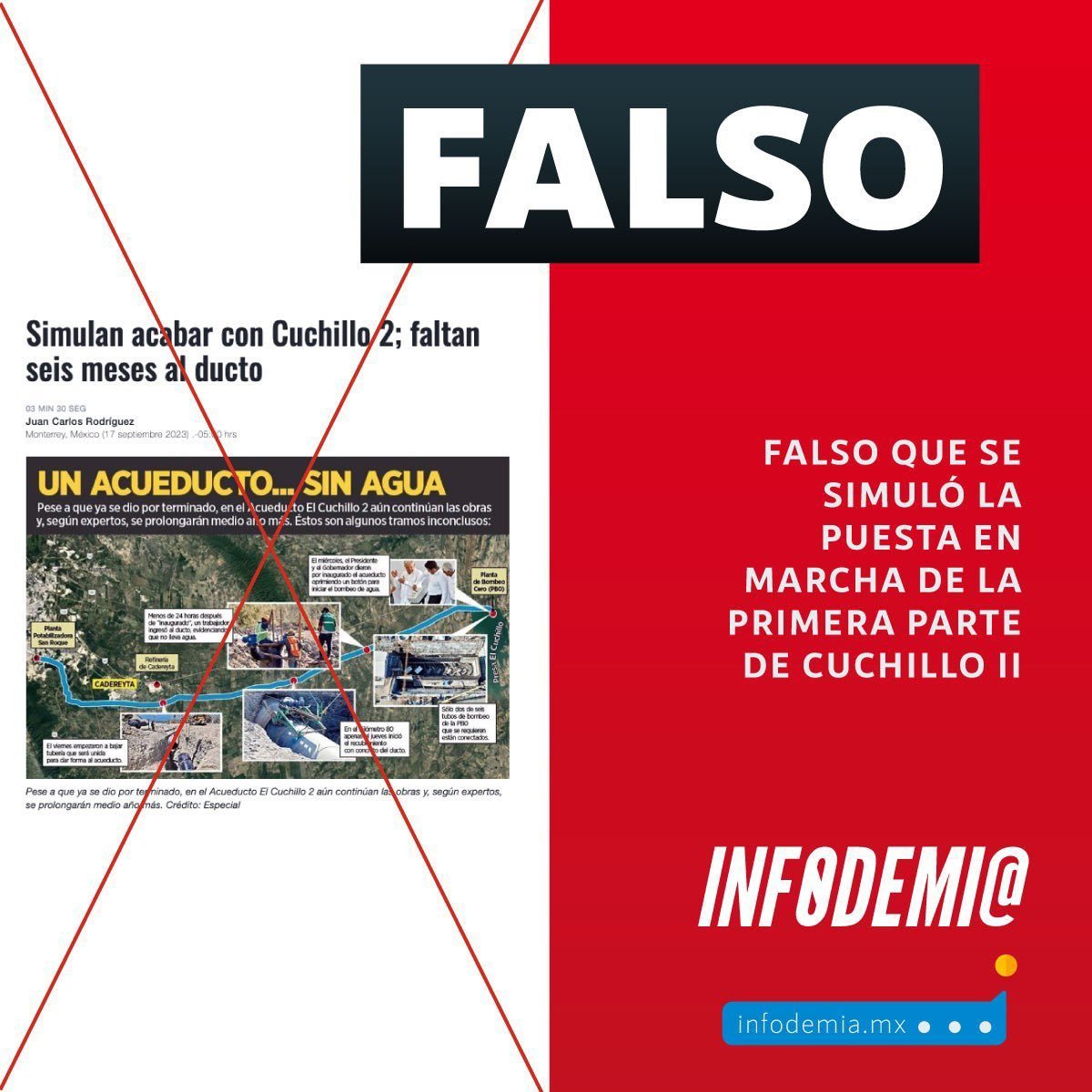 infodemiaMex's tweet photo. ❌Falso que se simuló la puesta en marcha de la primera parte de #CuchilloII
✅La @conagua_mx informó que se puso en funcionamiento una primera etapa del Acueducto #ElCuchilloII, debido al avance de 87.7% de la obra.
➡️ https://t.co/tzoQO7K3qs https://t.co/WjCWxKnUxt