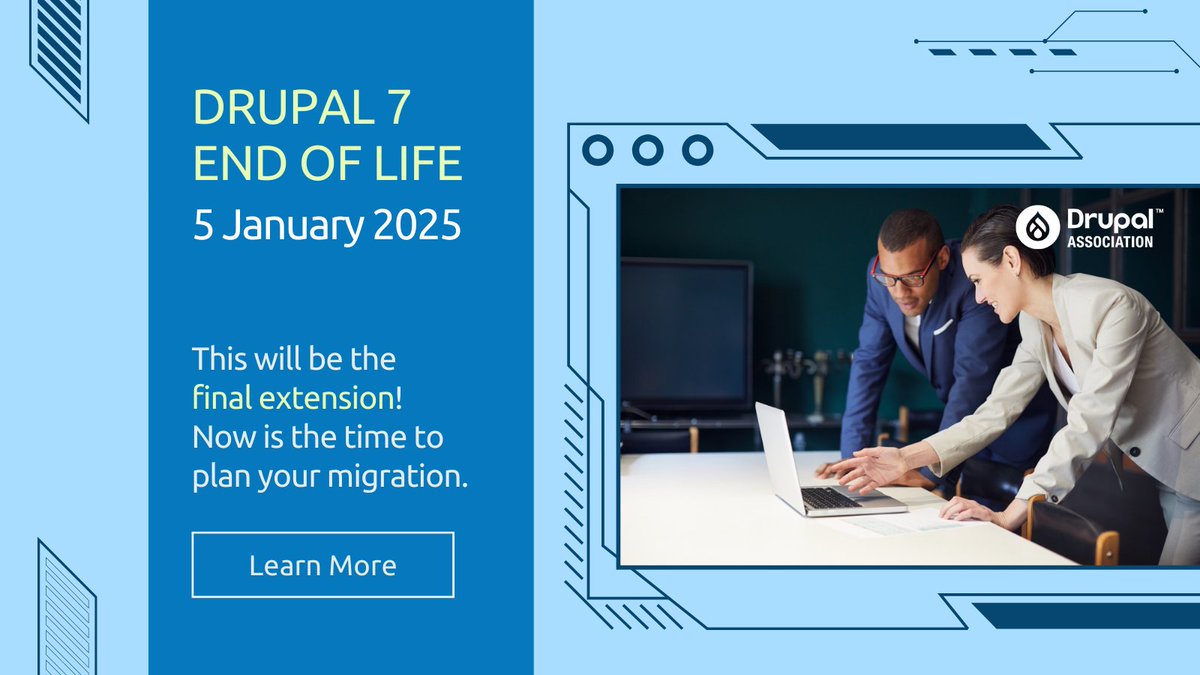 drupalassoc's tweet photo. Still on Drupal 7? With End of Life approaching on 5 January 2025, now is the time to migrate your Drupal 7 site!
The Drupal Association will be continuously updating our #Drupal7EOL landing page with resources, migration partners, and more. https://t.co/BNzSAQ50Pz https://t.co/7agZ88o8nk