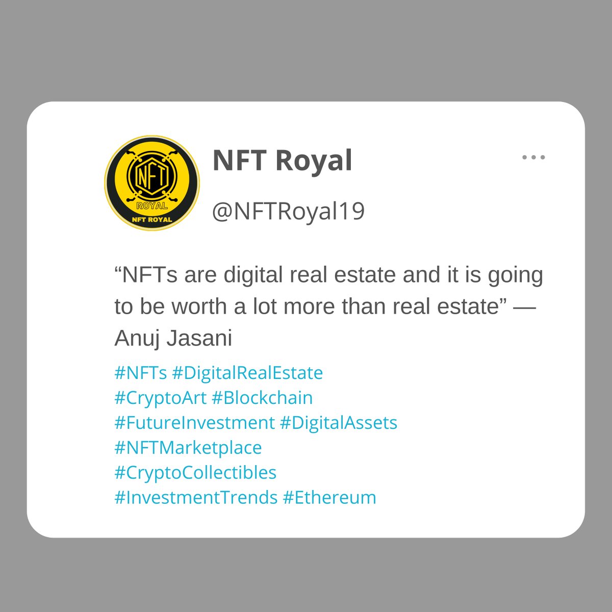 NFTRoyal19's tweet photo. @NFTRoyal19
#NFTs #DigitalRealEstate #CryptoArt #Blockchain #FutureInvestment #DigitalAssets  #NFTMarketplace #CryptoCollectibles #InvestmentTrends #Ethereum
“NFTs are digital real estate and it is going to be worth a lot more than real estate” ― Anuj Jasani https://t.co/aojkLdSO3P