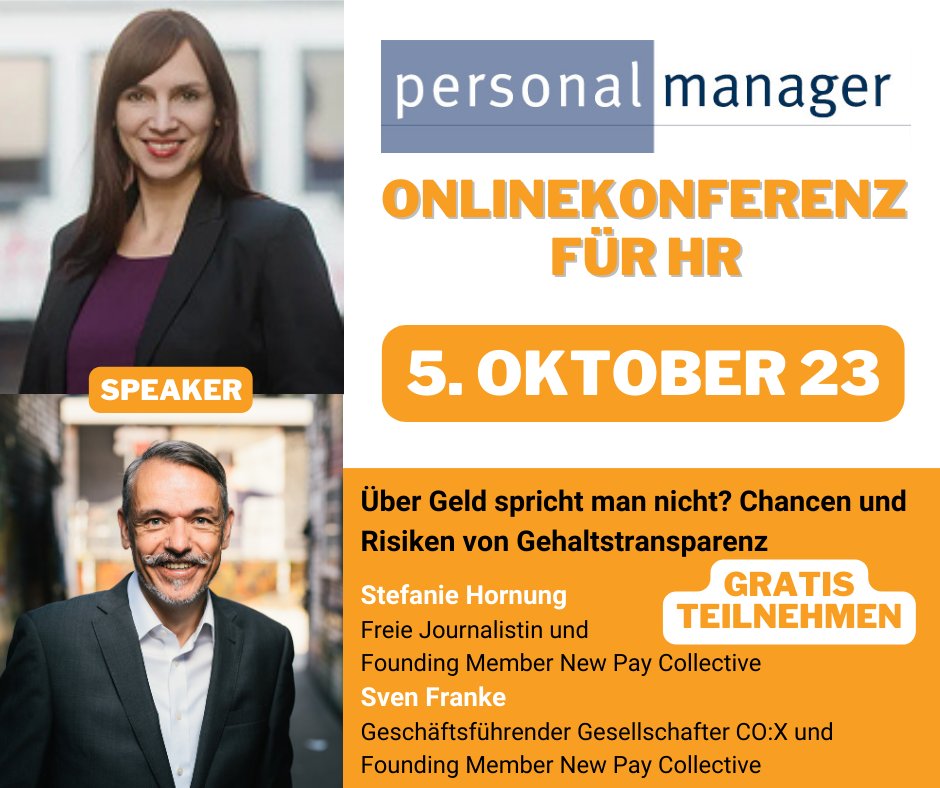 Über Geld spricht man nicht? Chancen und Risiken von Gehaltstransparenz. <a href="/St_Hornung/">St_Hornung</a>  und ich sind dem Thema zu Gast bei der Onlinekonferenz für HR.
Und ihr könnt kostenfrei dabei sein:  pretix.eu/hrm/pema/c/T6N…
