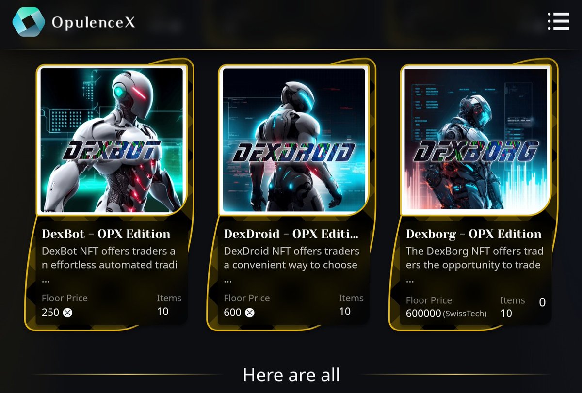 gemmzrobles_11's tweet image. The @OpulenceX_NFT Marketplace now offers #DexMachine OPX Special Edition #NFTs! 🤖

You may use your own trading bot on the #XRPL using these incredible #NFTs!  🔥

#Opularians #XRPCommunity #NFTCommunity #OpulenceX #SwissTech