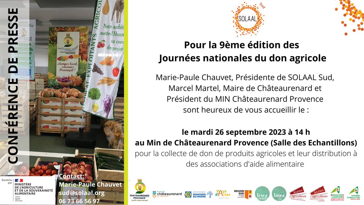 [#JNDA2023] Retrouvez SOLAAL Sud et ses partenaires, le mardi 26 septembre à partir de 14h au MIN Châteaurenard-Provence, pour une conférence de presse et collecte de produits ! <a href="/MINChateau13160/">MIN Châteaurenard-Provence</a> 
#DonAgricole