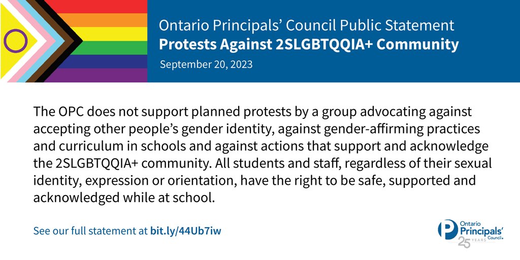 All students &amp; staff have the right to be safe, supported &amp; acknowledged at school. We do not support today's protests against the 2SLGBTQQIA+ community. Our full statement at bit.ly/44Ub7iw