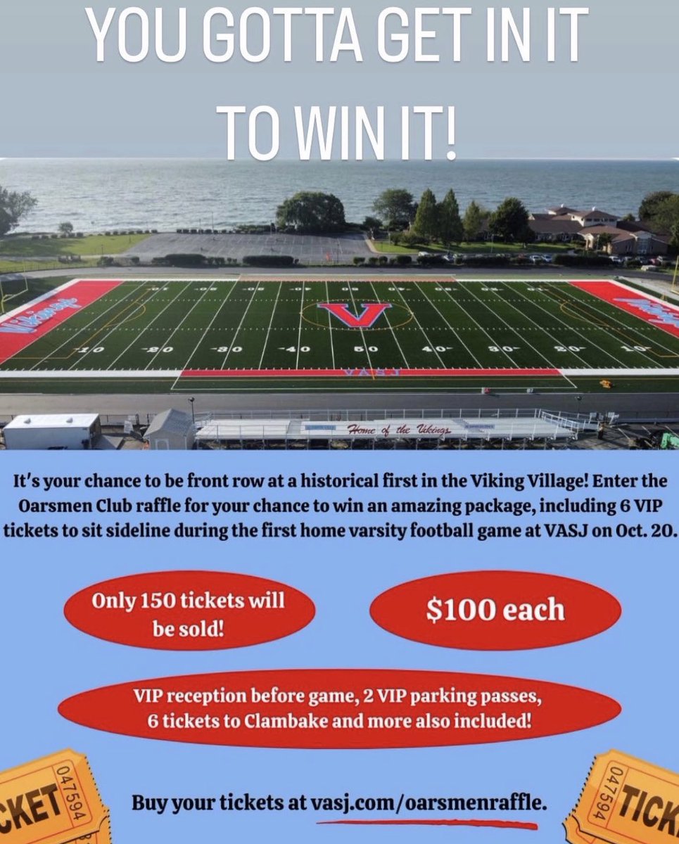 michelleastach's tweet photo. The WINNER will receive 6 VIP sideline tickets, 2 VIP parking passes, pre-game VIP reception with Tom Carone (VASJ President), VASJ Swag Basket, and 6 tickets (value over $400) to the OARSMEN CLAMBAKE, and most importantly a once in a lifetime memory!!! #rowtheboat #onceaviking https://t.co/BIrXpeaZ0S