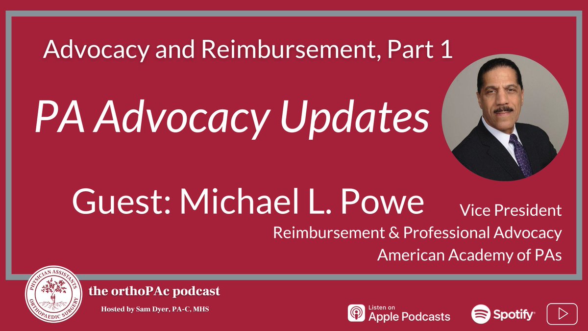 Part 1 out now on the #orthoPAc podcast! Thank you to Michael Powe,  <a href="/AAPAorg/">American Academy of Physician Associates</a>  Vice President of Reimbursement &amp; Professional Advocacy, for shedding light on medicare myths, the provider nondiscrimination provision, and more.

Please tune in + subscribe!
paos.org/orthopacpodcast