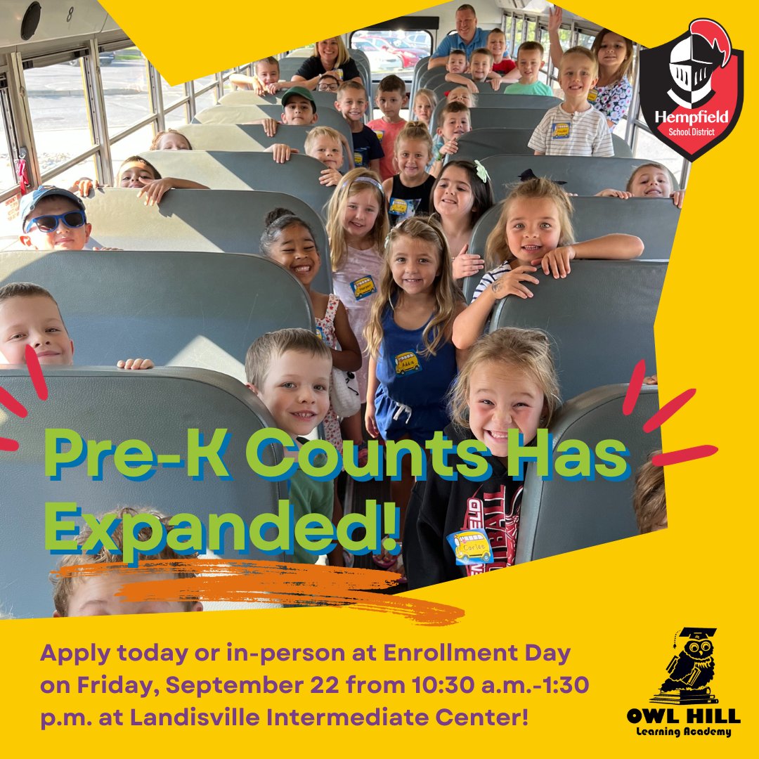 hempfield's tweet photo. Pre-K Counts by Owl Hill Learning Academy has added a second classroom at LIC, and there is new student availability!  📖🖍️🚸 Apply today using the link below or in person at Enrollment Day on Friday, September 2️⃣2️⃣! #BlackKnightPride

Online application: https://t.co/S08pqtFx1Q https://t.co/zxX04bq3r8