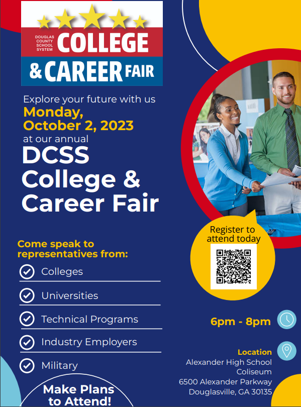LSHS_Counselors's tweet photo. Explore your future with us!
Monday, October 2, 2023 at our annual DCSS College &amp; Career Fair. 

Come speak to representatives from:
Colleges, Universities, and Technical Programs.

Location
Alexander High School Coliseum
6500 Alexander Parkway
Douglasville, GA 30135

6pm-8pm https://t.co/2POdi4qgbg