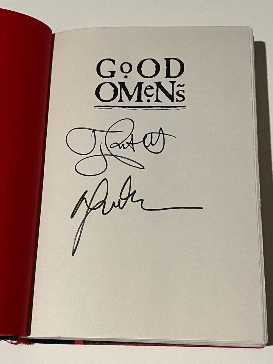 shark_o_saurus's tweet photo. A signed first edition that even Aziraphale would covet. 

I know it’s a long shot, I’m buried by the algorithms, but can we help my friend out? 

@GoodOmensPrime @neilhimself @michaelsheen 

https://t.co/qCvsQDl9Lr https://t.co/FLSoaojiqg