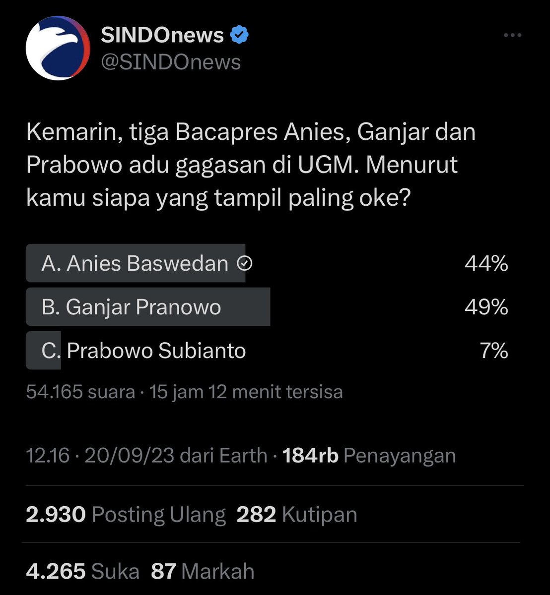dapitnih's tweet photo. Sedikit demi sedikit bergerak. Anies yang tadinya 42 vs Ganjar 54 sekarang mulai mengejar

Kalo kita bisa menang di Poling ini, vendor buzzer bakal diomelin bohir. Dan bakal bangkrut. Ayo tambah lagi ✊ https://t.co/O87adPkWDO