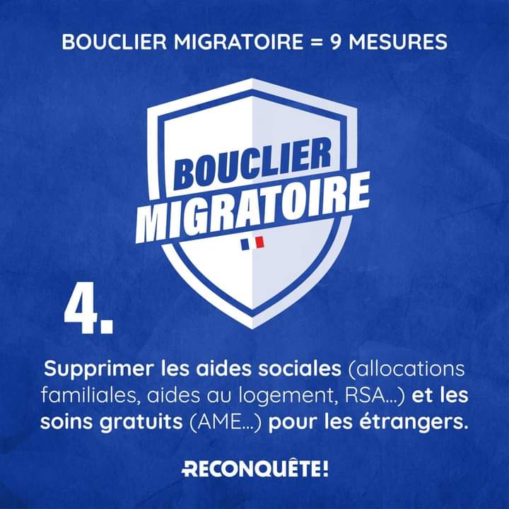 Les 10 propositions du #BouclierMigratoire de #Reconquête :
1) Suppression du droit du sol et du regroupement familial.
2) Limiter le droit d'asile
3) Instaurer une caution de 10.000€ pour certains visa
4) Supprimer les aides sociales  pour les étrangers 
#Lampedusa
#Invasion