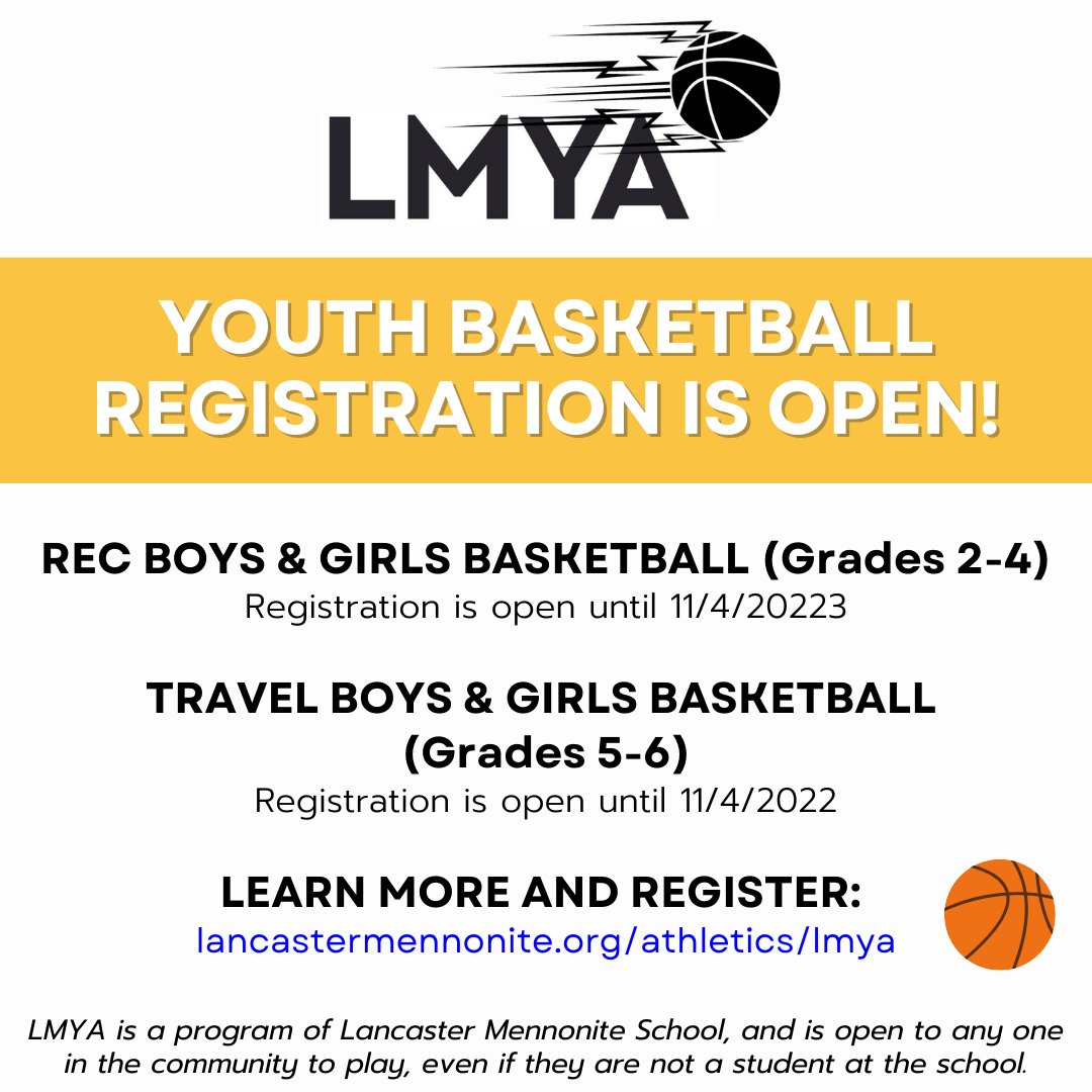LancasterMenno's tweet photo. Registration for Lancaster Mennonite Youth Athletics (LMYA) Basketball is OPEN! 🏀 Anyone is invited to join a team; you do not have to be an LM student to participate. To learn more and register visit https://t.co/T7k6KvbVEd https://t.co/noMPCfwpXN