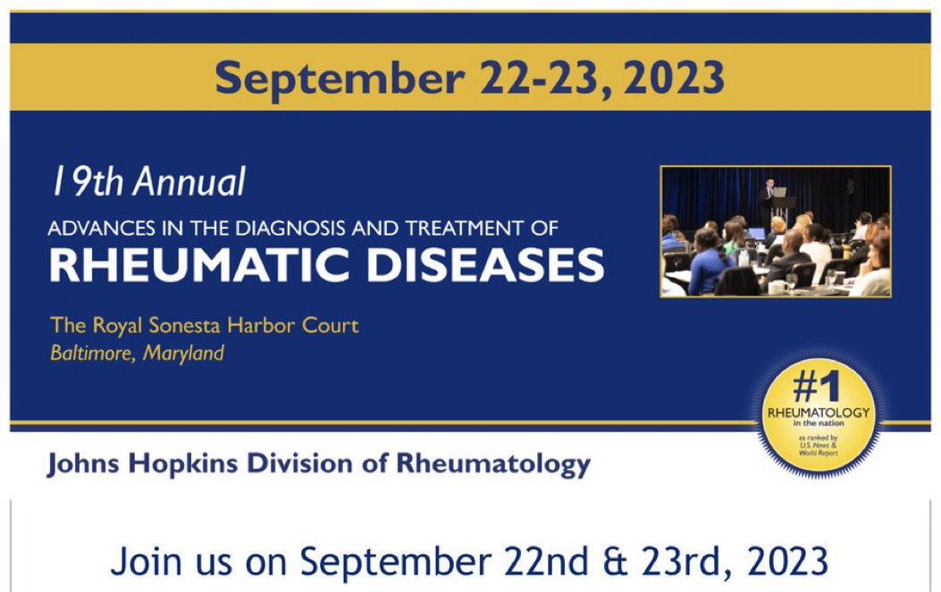 Join us this weekend for the 19th Annual Advances in the Diagnosis and Treatment of the Rheumatic Diseases CME symposium at Johns Hopkins. Back in person but also available virtually! You can register here: hopkinscme.cloud-cme.com/course/courseo…