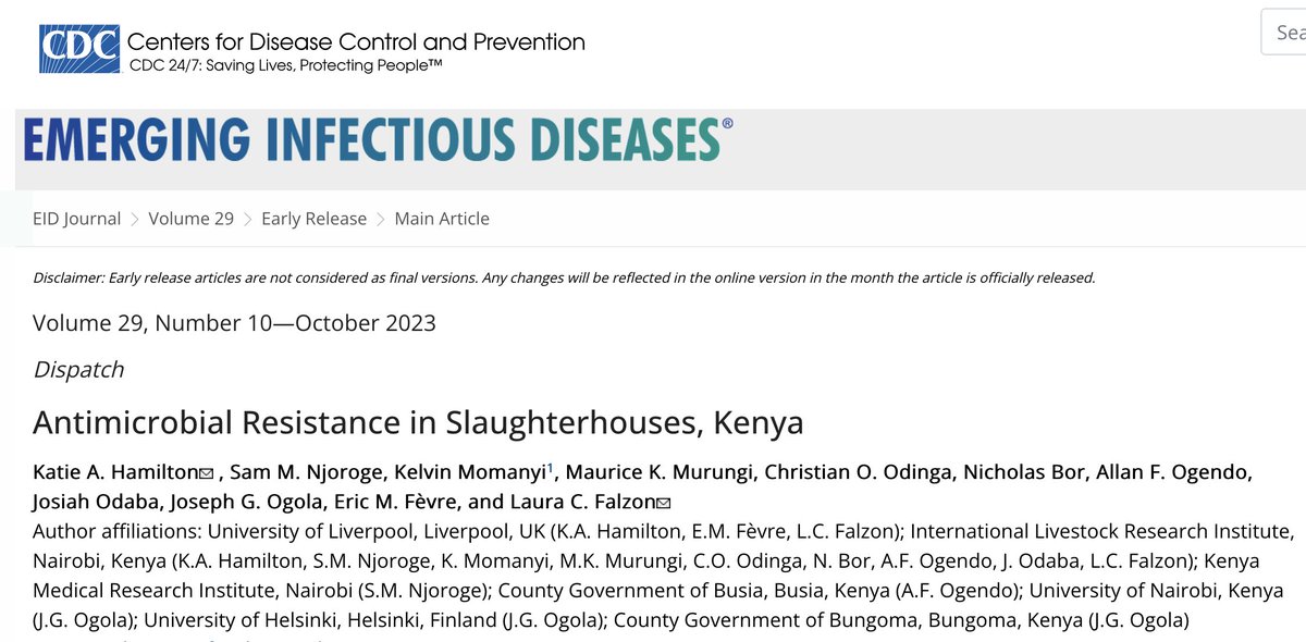 Happy to share this, just out: 'Antimicrobial resistance in slaughterhouses, Kenya' An early-release paper in @EIDjournal By our team @LivUni_IVES @ILRI @KEMRI_Kenya @BungomaCountyKe @040County wwwnc.cdc.gov/eid/article/29…