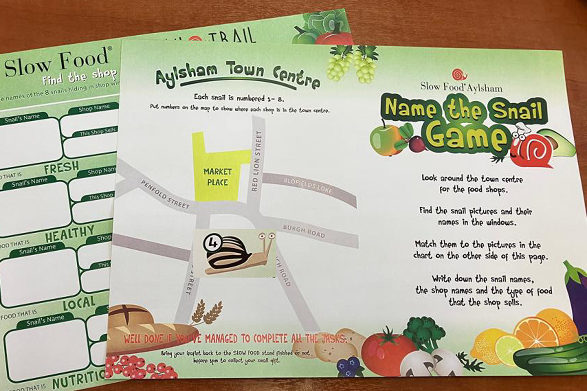 Kids, follow the Green Day Snail Trail Sunday 24 Sept - a prize for all taking part. Find the shop - find the snail - but first, find us at Aylsham Town Hall and pick up your trail guide.
Grown-ups, tickets for the Food Festival Dinner and Brunch also available at our stand.