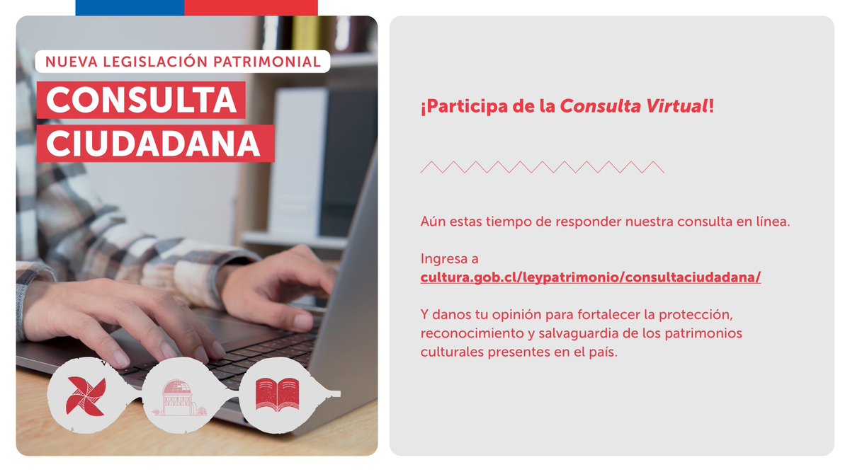 📣 Te recordamos que aún se encuentra disponible la Consulta Virtual Ciudadana para una nueva Legislación Patrimonial, una instancia participativa impulsada por <a href="/culturas_cl/">Ministerio de las Culturas</a>.

Para participar, ingresa al siguiente link: cultura.gob.cl/leypatrimonio/…