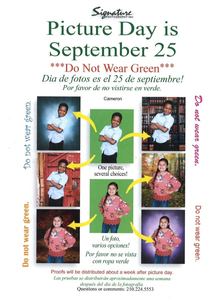 Hello Scottie Family,
The time has come! Monday, September 25th, is Picture Day! 📸
Remember not to dress in green, but make sure to wear your best smile! 😃💙🐾

#CameronElementary #OnPurposeWithPurpose #Scotties #PictureDay #NoGreen #Smile