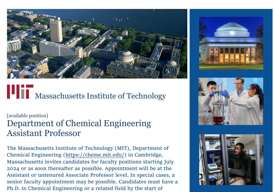 @MITChemE is hiring. Come be our colleague! It's a great place to start a research group! Details here: tinyurl.com/392hb5zn App portal here: faculty-searches.mit.edu/cheme/