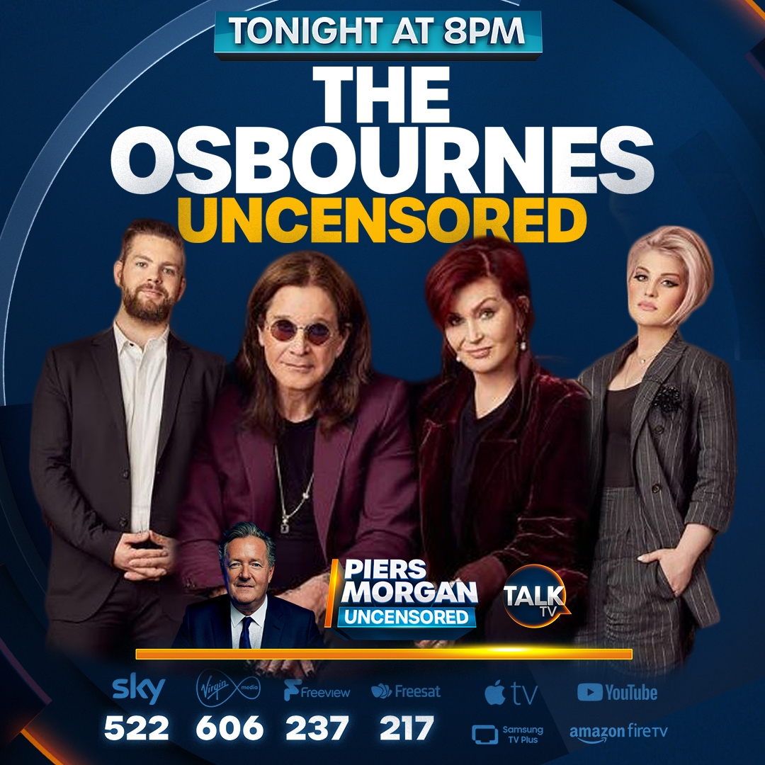 Piers Morgan Uncensored (@piersuncensored) on Twitter photo EXCLUSIVE: At 8pm the royal family of reality TV will be live and uncensored with Piers Morgan.
Don't miss Sharon, Ozzy, Jack and Kelly together on TV again.
Anything could happen...
<a href="/piersmorgan/">Piers Morgan</a> | <a href="/MrsSOsbourne/">Sharon Osbourne</a> | <a href="/OzzyOsbourne/">Ozzy Osbourne</a> | <a href="/KellyOsbourne/">Kelly!</a> | <a href="/JackOsbourne/">Jack Osbourne</a> | #PMU EXCLUSIVE: At 8pm the royal family of reality TV will be live and uncensored with Piers Morgan.
Don't miss Sharon, Ozzy, Jack and Kelly together on TV again.
Anything could happen...
<a href="/piersmorgan/">Piers Morgan</a> | <a href="/MrsSOsbourne/">Sharon Osbourne</a> | <a href="/OzzyOsbourne/">Ozzy Osbourne</a> | <a href="/KellyOsbourne/">Kelly!</a> | <a href="/JackOsbourne/">Jack Osbourne</a> | #PMU
