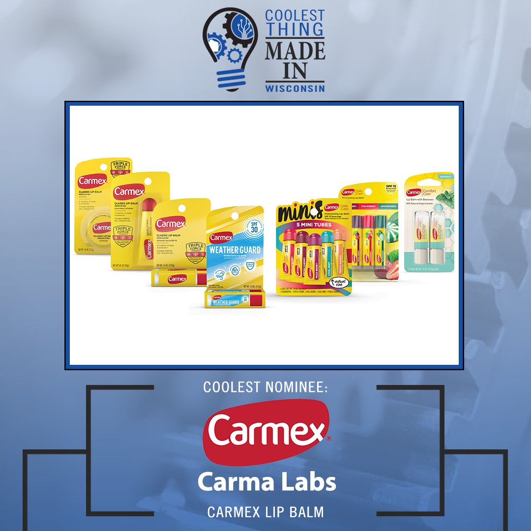 Congratulations to Carma Labs' @Carmex Lip Balm from Franklin for being nominated as the Coolest Thing Made in Wisconsin! #MadeinWis Vote once a day for your favorite product at madeinwis.com ✅