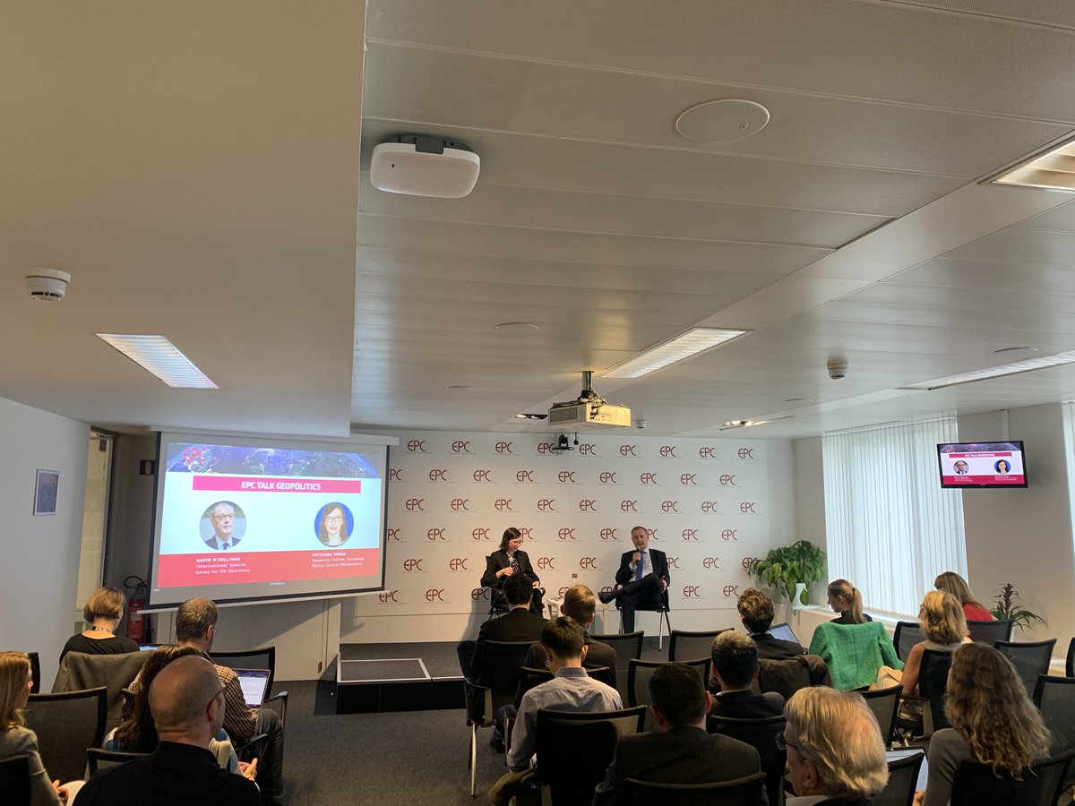 epc_eu's tweet photo. “The EU’s emphasis is moving from creating new #sanctions to ensuring the implementation & effectiveness of the current packages, focusing on the issue of #circumvention”, explains @D0Sullivan, International Special Envoy for EU Sanctions, during our #EPCTalksGeopolitics. https://t.co/f6yCAilsls