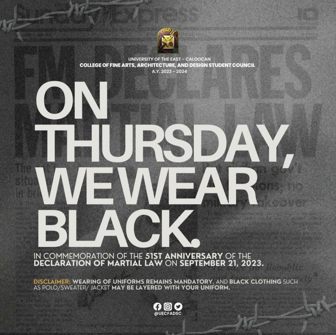 UECFADSC's tweet photo. 𝗢𝗡 𝗧𝗛𝗨𝗥𝗦𝗗𝗔𝗬, 𝗪𝗘 𝗪𝗘𝗔𝗥 𝗕𝗟𝗔𝗖𝗞!⚫️

Sa pagsapit ng ika-21 ng Setyembre 2023, ay ang pagalala sa ika-51 a taong anibersaryo noong napatupad ng diktador na si Marcos ang Batas Militar sa Pilipinas. https://t.co/yVYbC87AAQ