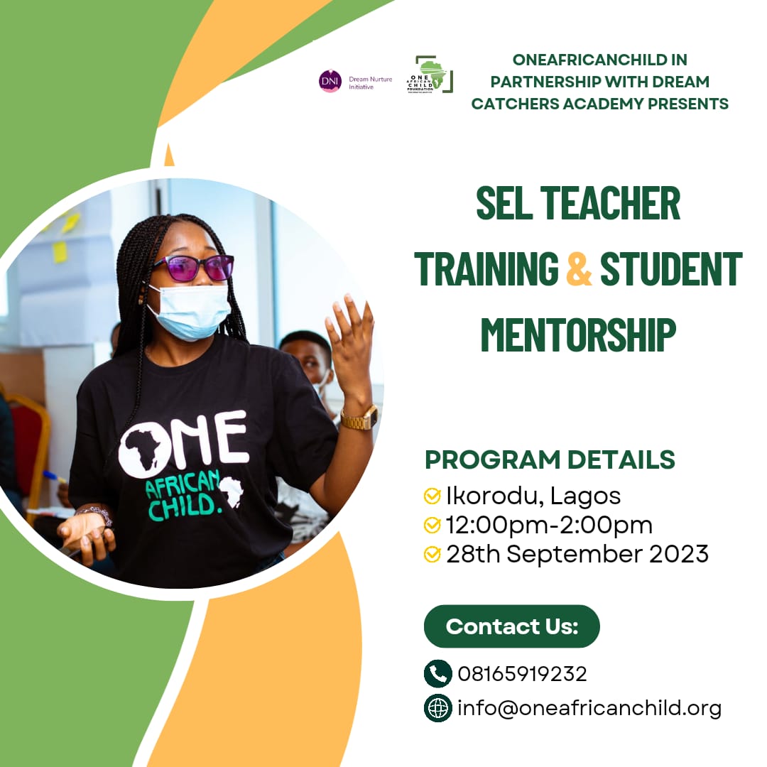1African_Child's tweet photo. We are excited to partner with Dream Catchers Academy for a transformative teacher training on #SocialEmotionalLearning & a student mentorship, in celebration of International Peace Day. If you're in Lagos, join us for this enriching experience. #OneAfricanChild #SEL #PeaceDay https://t.co/kY1LpRRf9P