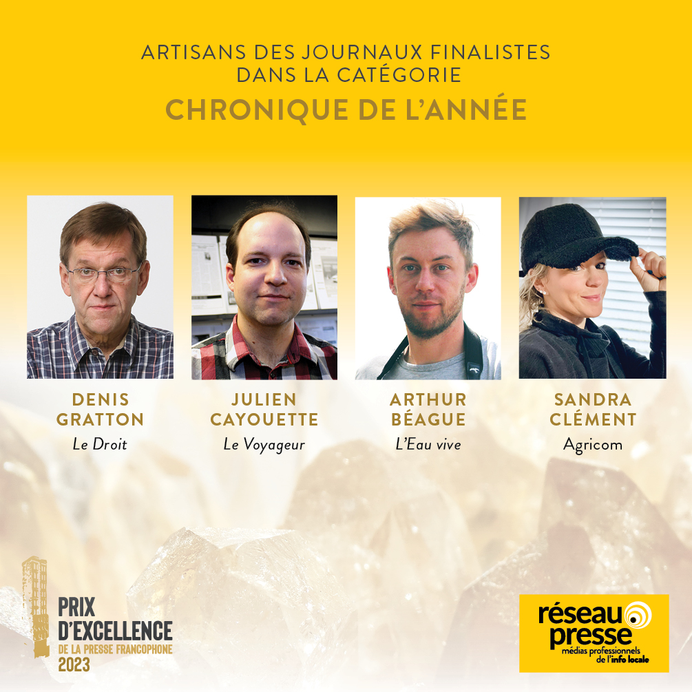 reseau_presse's tweet photo. 🏆 Félicitations aux finalistes de la catégorie « Prix d'excellence pour la chronique de l’année » !
@LeDroitca , @VoyageurSudbury , @leauvive  et @JAgricom 

🖊 Pour lire les chroniques, c’est à la page 18 du cahier des finalistes 👉 https://t.co/cNBmsql1KU

#Prixdexcellence https://t.co/AlPlJV0eTo