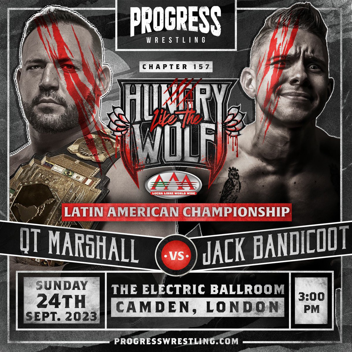 🐺 HUNGRY LIKE THE WOLF ‼️ MATCH ANNOUNCEMENT 🏅 QT Marshall will be defending the AAA Latin American Championship against Jack Bandicoot in just FOUR days time! 🎟️ Get your tickets here: bit.ly/157HLTW #PROGRESSWrestling #Wrestling #London