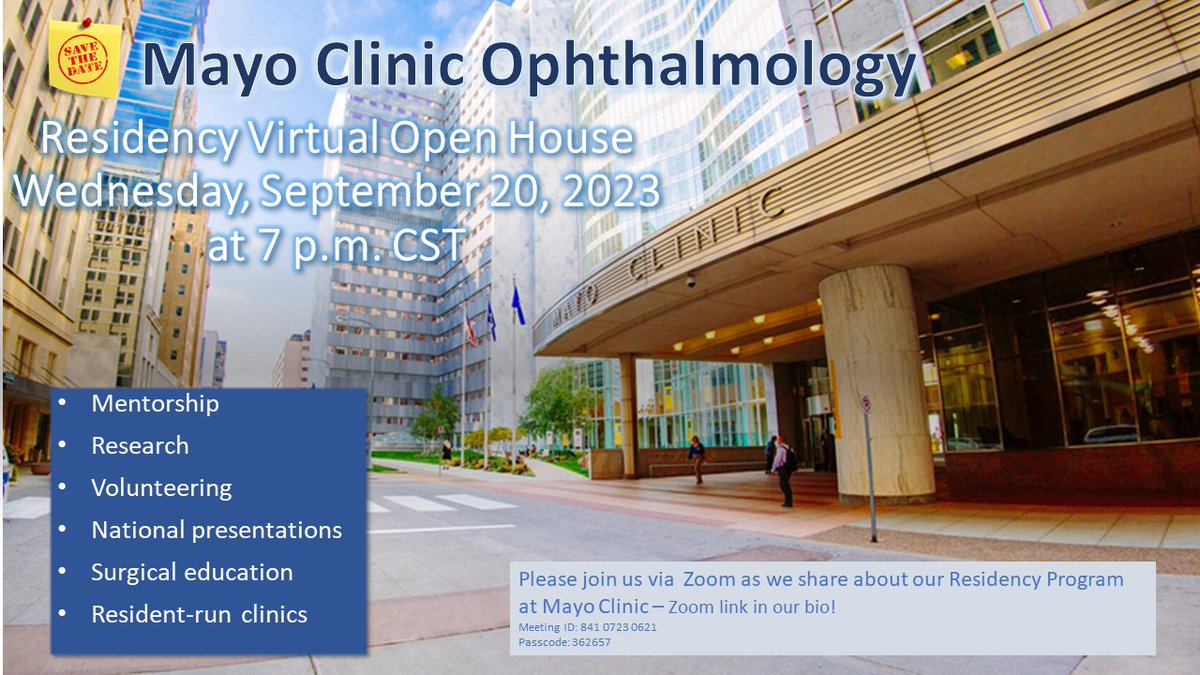 Mayo Clinic Department of Ophthalmology (@mayocliniceye) on Twitter photo Join us tonight at 7pm CST to learn about the <a href="/MayoClinicEye/">Mayo Clinic Department of Ophthalmology</a> residency program at our virtual open house!
bit.ly/46jNUHz
<a href="/DrAndreaTooley/">Andrea A. Tooley, MD</a> <a href="/AndrewBarkmeier/">Andrew Barkmeier MD</a> <a href="/MRStarrMD/">Matt Starr, MD</a> <a href="/SophieBakriMD/">Sophie J. Bakri MD</a> Join us tonight at 7pm CST to learn about the <a href="/MayoClinicEye/">Mayo Clinic Department of Ophthalmology</a> residency program at our virtual open house!
bit.ly/46jNUHz
<a href="/DrAndreaTooley/">Andrea A. Tooley, MD</a> <a href="/AndrewBarkmeier/">Andrew Barkmeier MD</a> <a href="/MRStarrMD/">Matt Starr, MD</a> <a href="/SophieBakriMD/">Sophie J. Bakri MD</a>