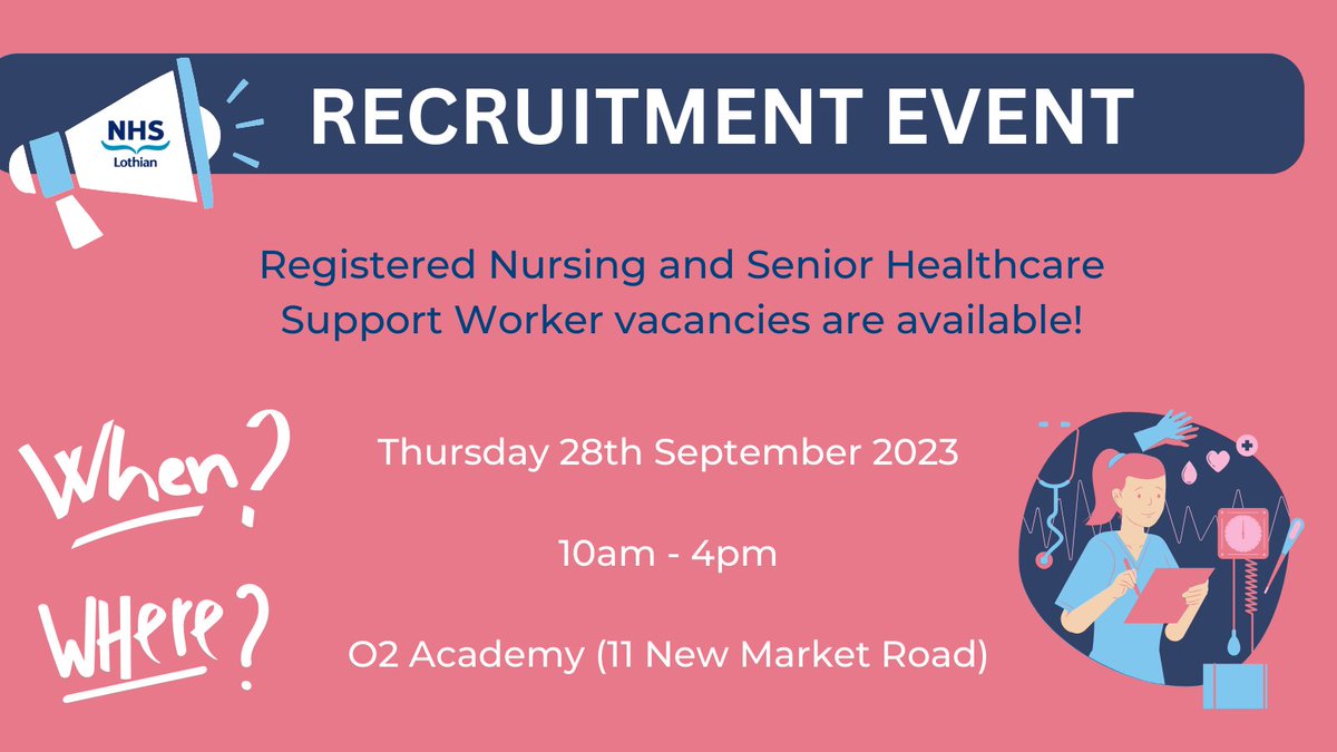 Looking for a new opportunity in Edinburgh? Registered/unregistered nursing vacancies available!

Come along on 28th September to find out more. Apply in advance for an interview on the day!

Band 3 - ow.ly/OLvS50PL6oN
Band 5/6 - ow.ly/uJXc50PL6oJ

#AGreatPlaceToWork