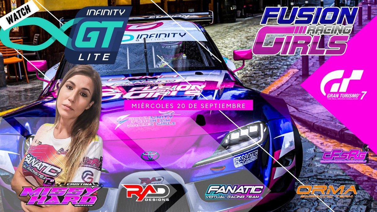 RacingFusion's tweet photo. Se viene la RONDA 3 de @InfinityGSeries
@Mach25Gaming

📺 Enlace transmisión: 
https://t.co/LiRMAZJbVN @AGarnata
 21:30 h 

Coche: Gr.3

🟣Piloto : FRGirl_MissyHard
@missyhard88
🟣Diseños :
🚗 @RadMad32
 
#simracing #racer #gt7 https://t.co/BE1ZCLhQPn