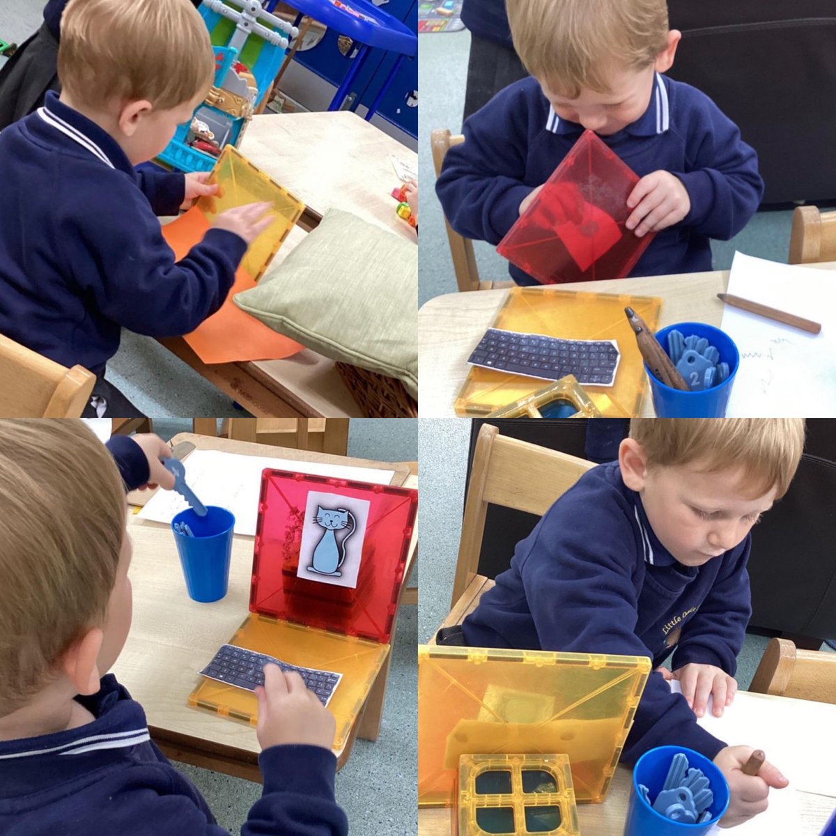 Today E was building, he said he was making a laptop. E helped me to find a picture of a keyboard and said he would like a blue cat on his screen. E set about creating his laptop and then did some work in his little office 📝 #inthemomentplanning @WybertonPrimary @InfinityAcad