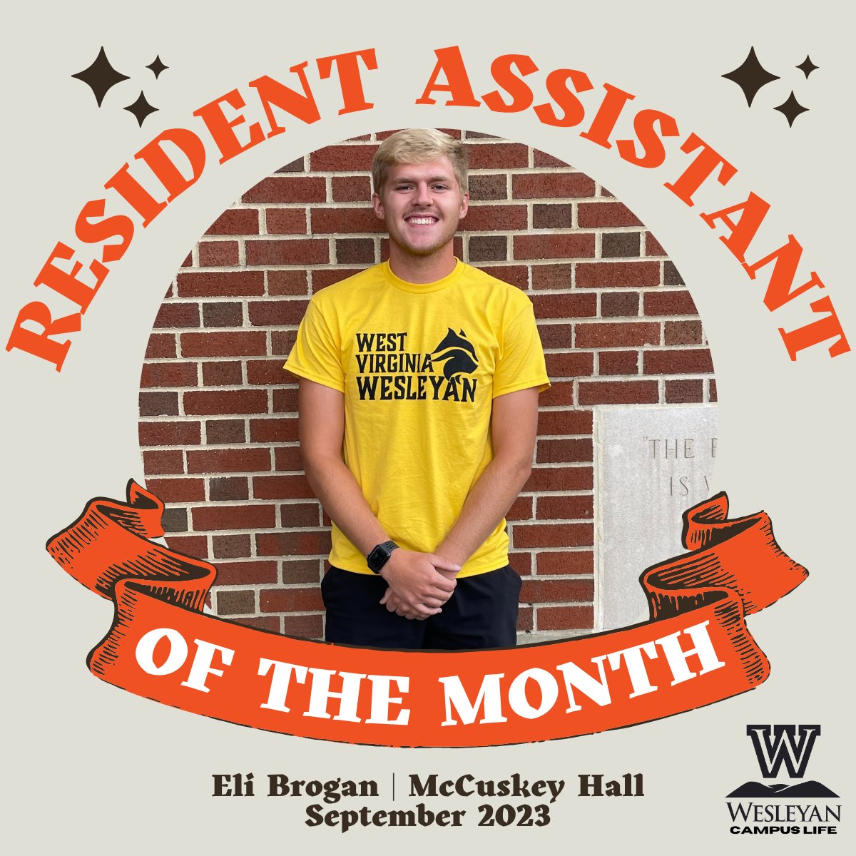 Introducing our Resident Assistant of the Month for September 2023, Eli Brogan! He is a member of the baseball team and the McCuskey Hall staff. He has gone above and beyond in his work. He is kind and always lending a helping hand to fellow staff members and residents.