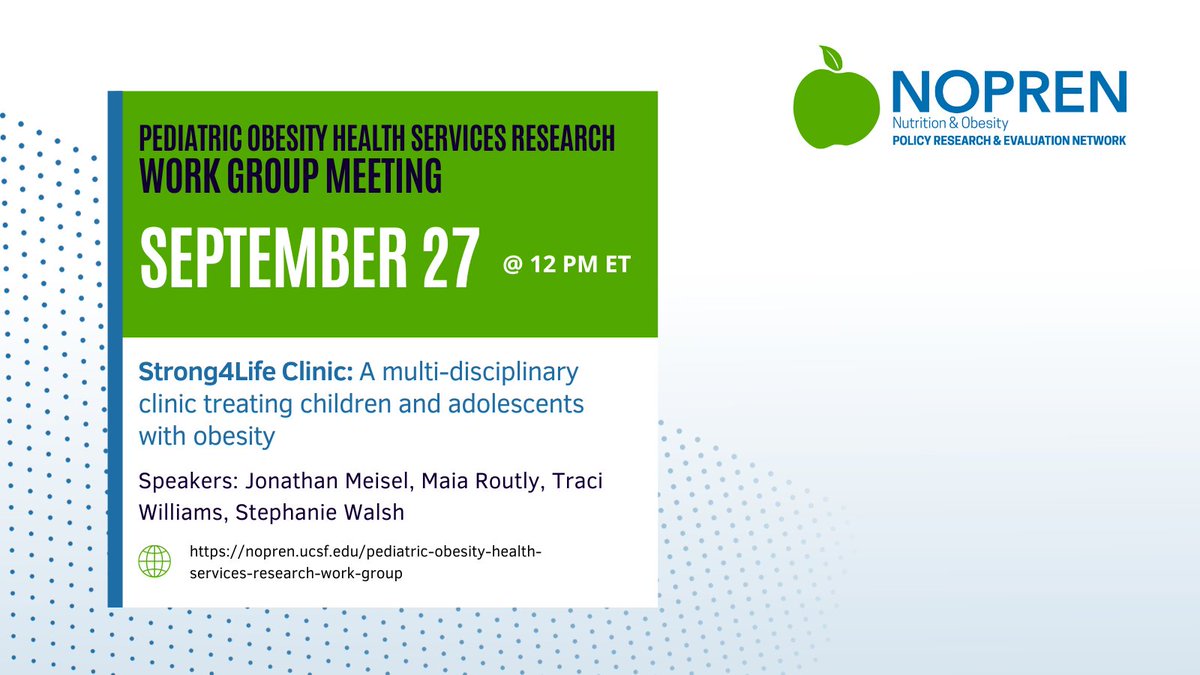 Join NOPREN on 9/27 @ 12pm ET for the Pediatric Obesity Health Services Research Work Group meeting!

Jonathan Meisel, Maia Routly, Traci Williams &amp; Stephanie Walsh will discuss Strong4Life Clinic: treating children &amp; adolescents with obesity.

Learn more: bit.ly/3PFjHgv