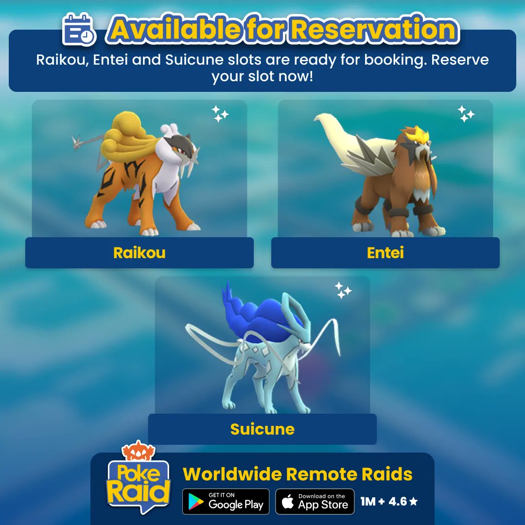 Raikou, #Entei & #Suicune slots are now available for reservation. Visit  the “Bookings” tab on the #PokeRaidApp to book your slot now!…